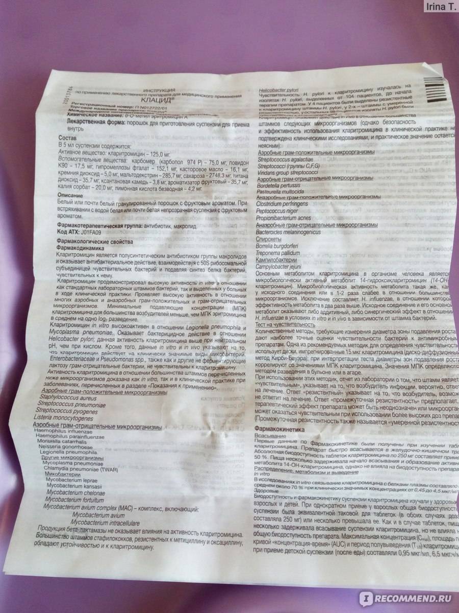 Суспензия клацид для детей в дозировке 250 и 125 мг (инструкция)