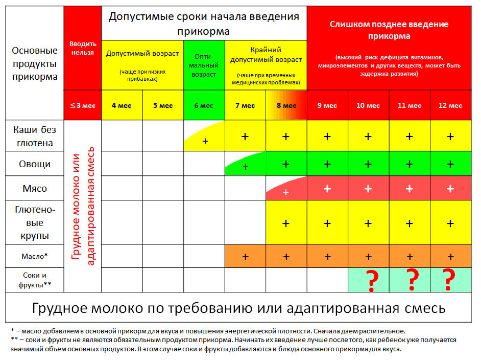 Правила и таблица введения прикорма детям первого года жизни